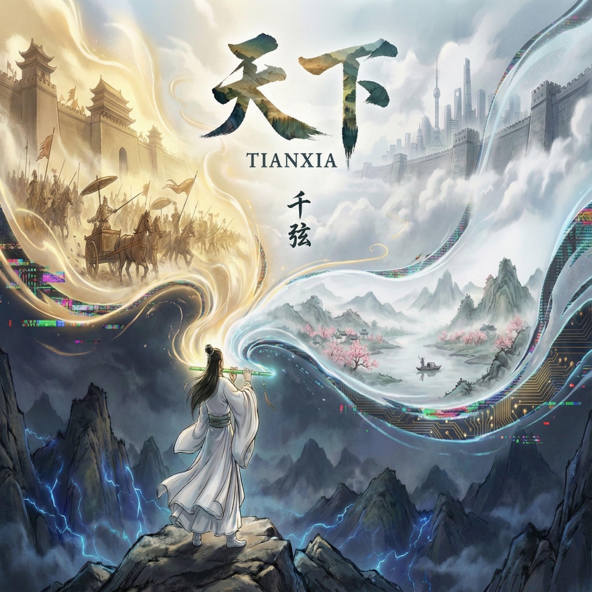 交響組曲『天下』のジャケット。古今の都市、山水、笛を吹く人物。